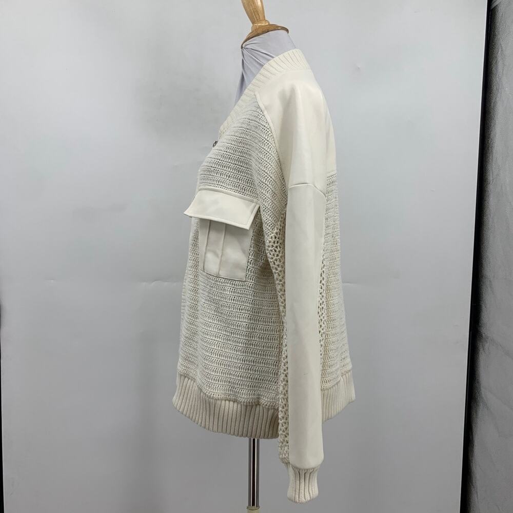 Anthropologie Cardigan Womens M Medium Cream Crochet Bomber Faux Leather Panels - Picture 6 of 14